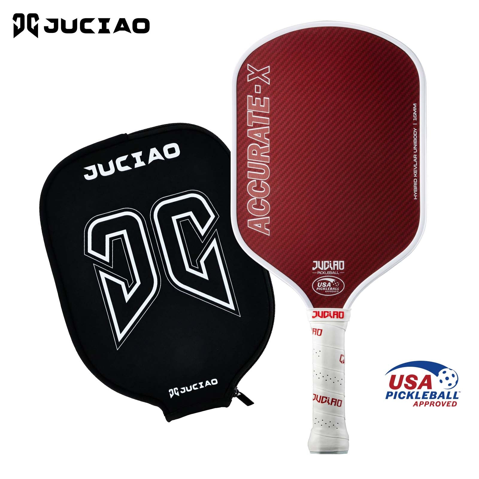 Juciao Accurate X pickleball paddle in Red with paddle cover