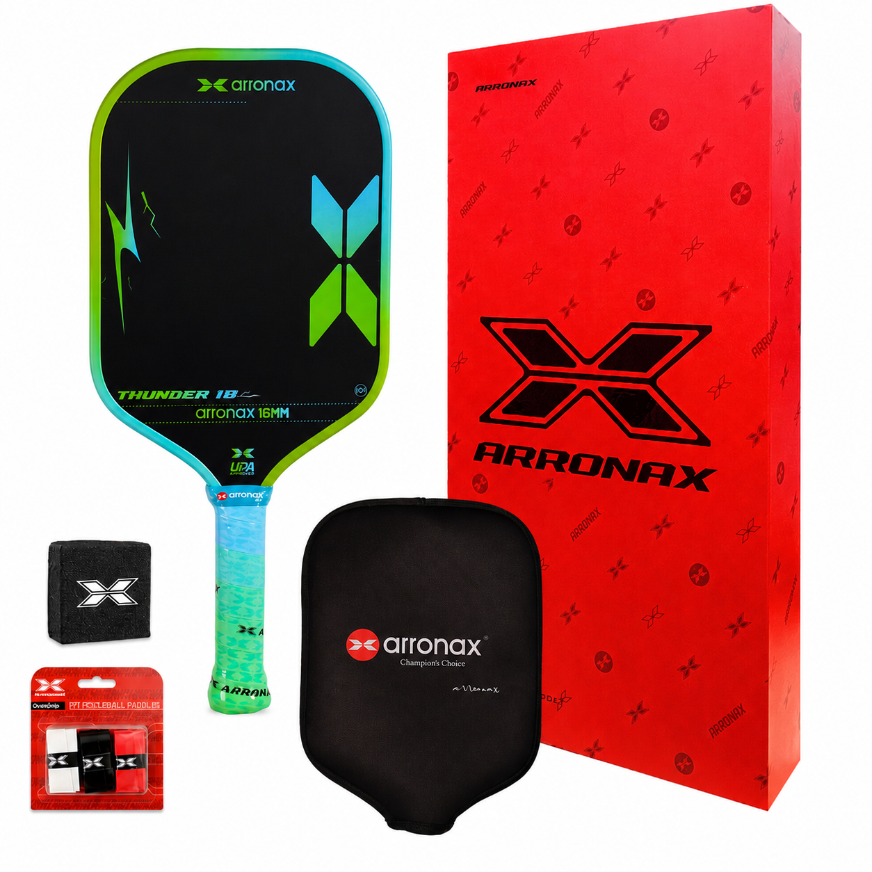 Arronax Thunder10 16mm pickleball paddle in Blue/Green Gradient with free accessories