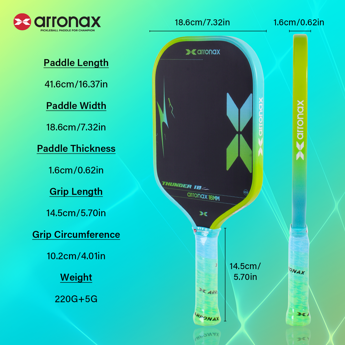 Arronax Thunder10 16mm pickleball paddle product detail image
