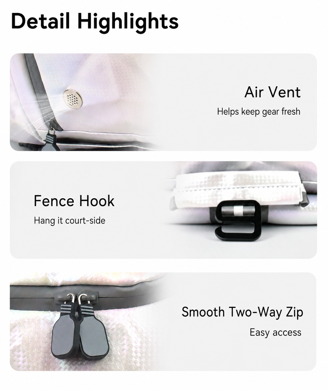 Jonah pickleball backpack detail highlights including air vent, fence hook and two-way zip