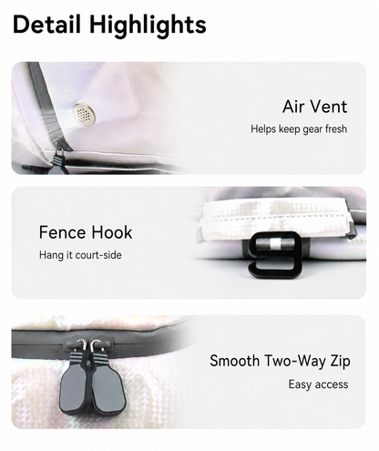 Jonah pickleball backpack detail highlights including air vent, fence hook and two-way zip