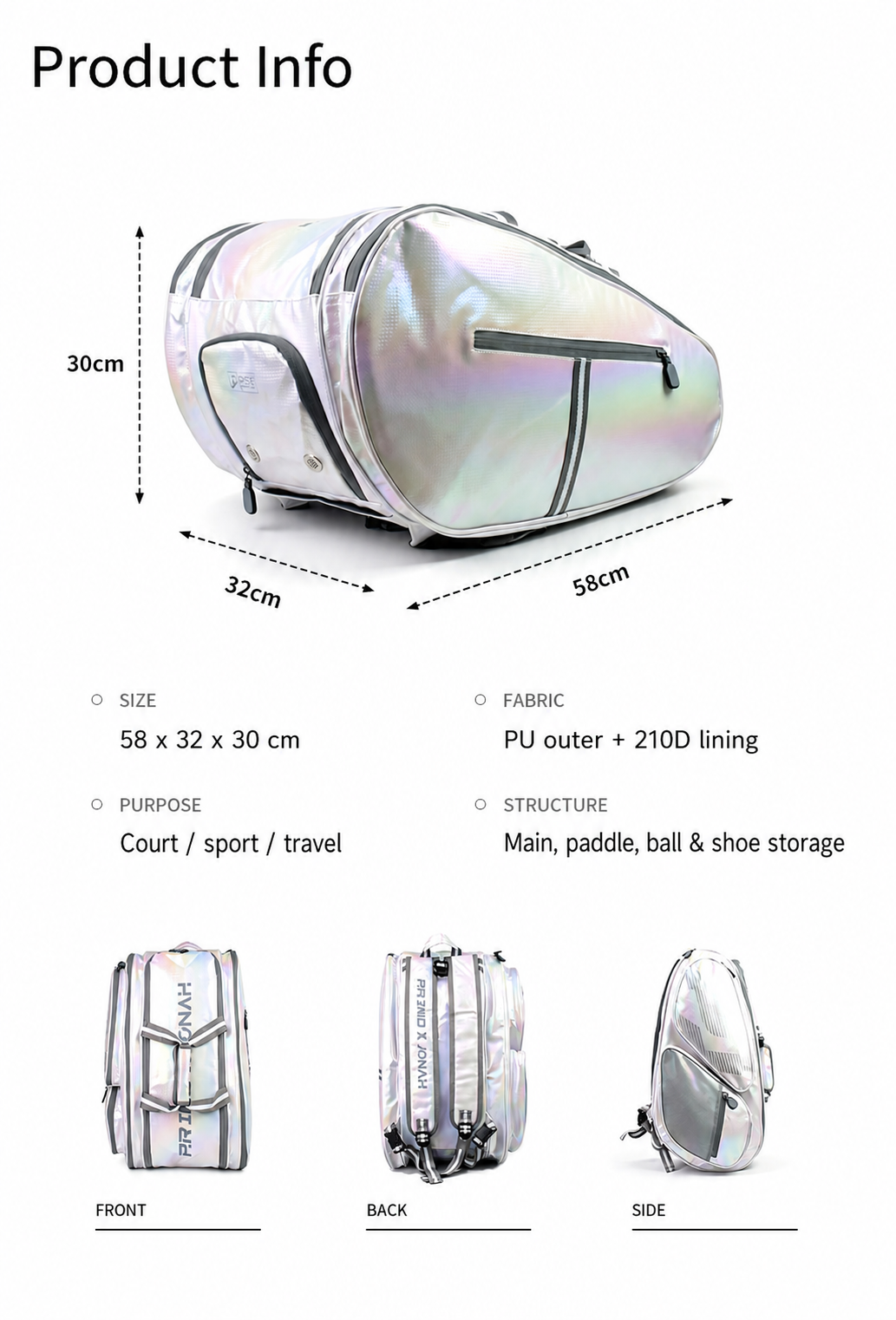 Jonah pickleball backpack product information showing size, fabric, storage structure and front back side views
