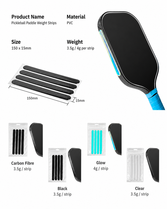 RallyWell pickleball paddle weight strips 4 pack in Carbon Fibre Black Glow and Clear
