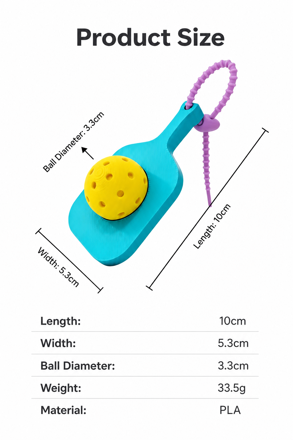 RallyWell pickleball pop keychain size guide with length width ball diameter weight and PLA material