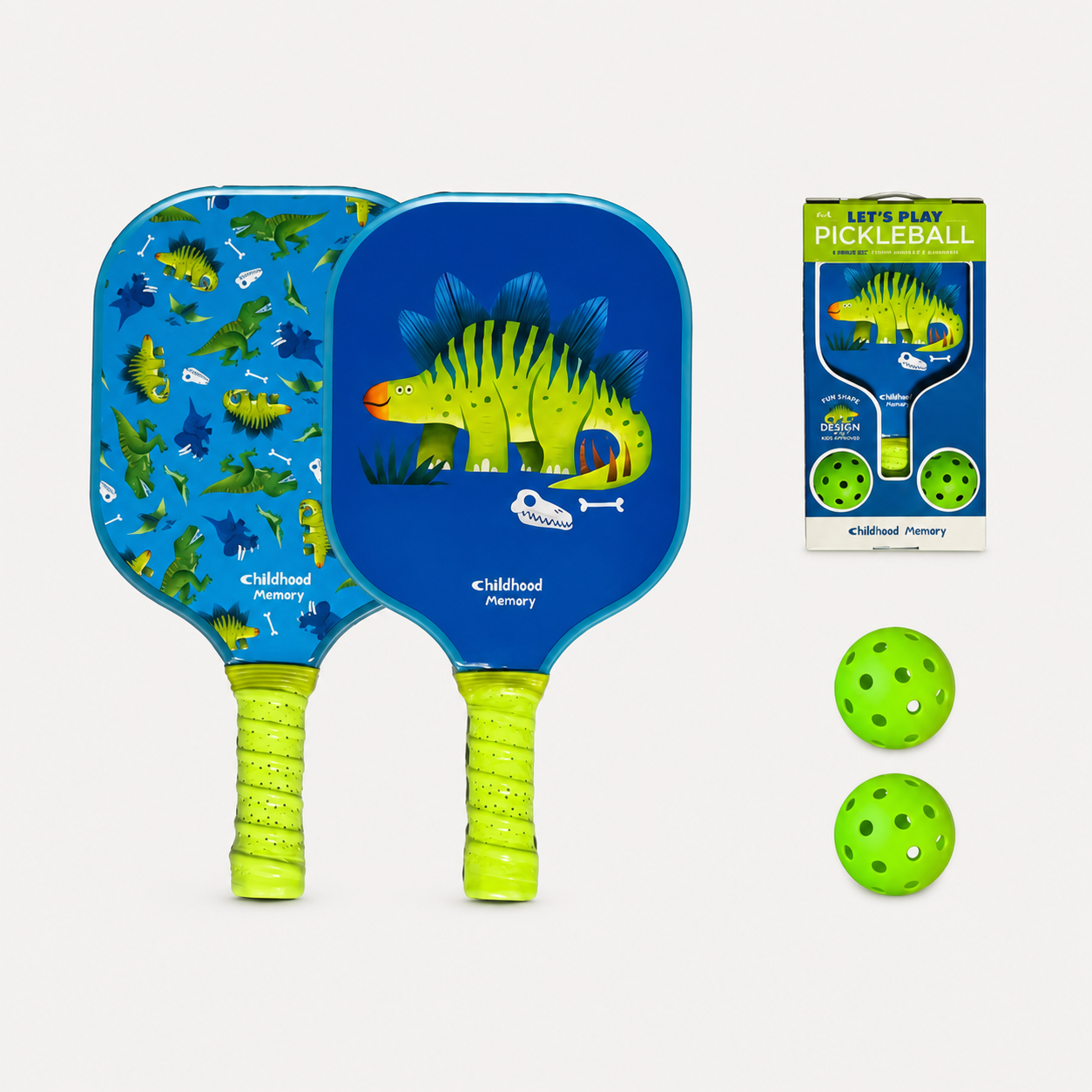 RallyWell Dinosaur kids pickleball starter set with one paddle and two balls on a clean white background