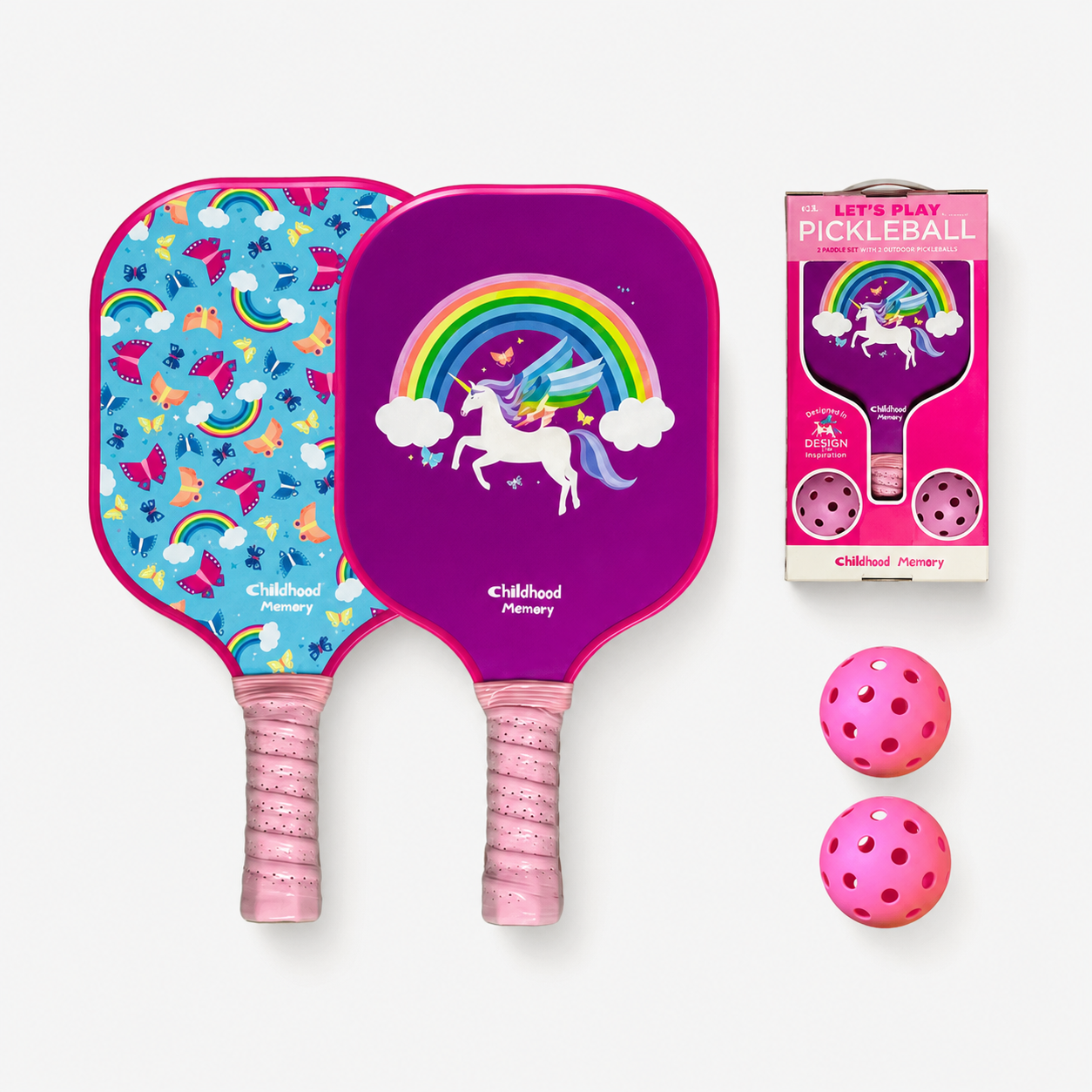 RallyWell Unicorn kids pickleball starter set with one paddle and two balls on a clean white background