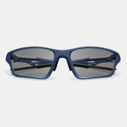 RallyWell blue photochromic sports glasses on white background