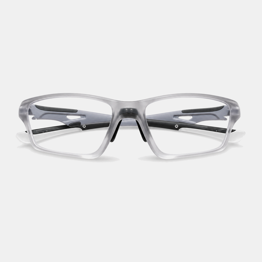 RallyWell grey photochromic sports glasses with clear lenses on white background